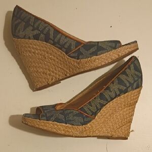 Michael Kors Blue Logo Denim Espadrille Wedge Sandals